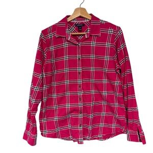 Lands End Womens 100% Cotton Pink‎ Plaid Flannel Button Down Shirt Size 10